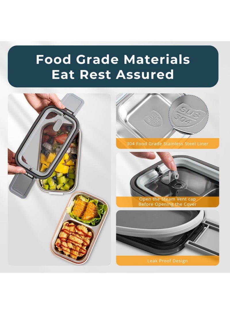 أداندو صندوق غداء أداندو من الفولاذ المقاوم للصدأ - 1400 مل، صندوق بينتو مزدوج الطبقات آمن للاستخدام في الميكروويف - صندوق تيفين 304 مانع للتسرب - صندوق غداء ترمس معزول حراريًا وقابل للفصل - للبالغين والطلاب والمكاتب والمدرسة - مع حقيبة حرارية وأدوات مائدة - Image 3